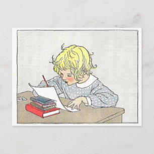 Antike Buchillustration Mädchen schreibt einen Bri Postkarte