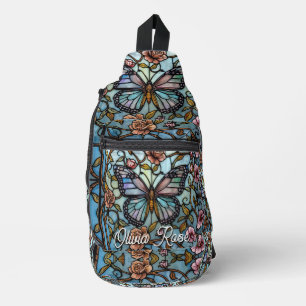 Antike Buntglasblaue Schmetterlingskunst Crossbody Bag