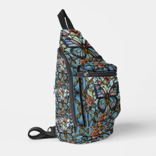 antike Buntglasblaue Schmetterlingskunst Crossbody Bag