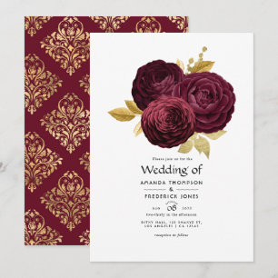 Antike Burgund und Gold Blumen Hochzeit Einladung