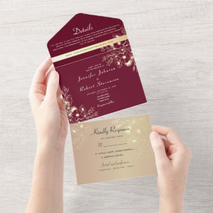 Antike Burgunder-Einladung zur Hochzeit All In One Einladung