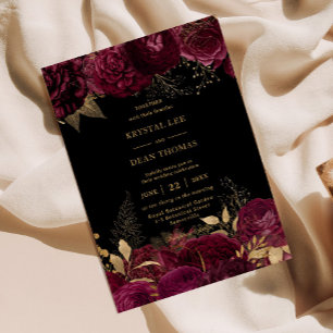 Antike Burgunder-Gold-Blumenrosen-Hochzeit Einladung