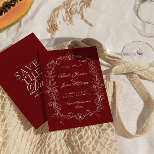 Antike Burgunder Hochzeit im Stil des alten Geldes Save The Date