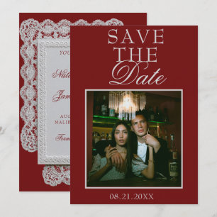Antike Burgunder-Spitzen-Doily-Foto-Fancy-Hochzeit Save The Date