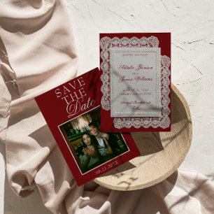 Antike Burgunder-Spitzen-Doily-Foto-Fancy-Hochzeit Save The Date