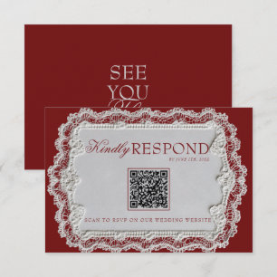 Antike Burgunder-Spitzen-Doily Retro-QR-Code-Hochz RSVP Karte