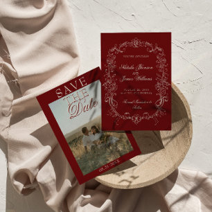 Antike Burgunder-Tiefrote Foto-Alte-Geld-Hochzeit Save The Date