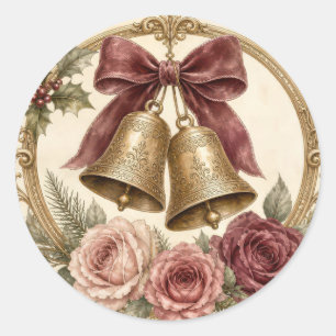 Antike Burgunderrosen Goldene Weihnachtsglocken Runder Aufkleber
