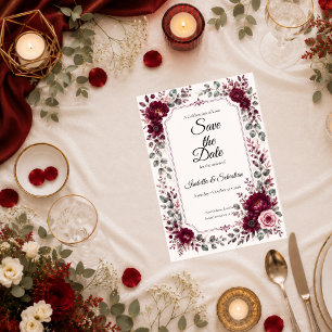 Antike burgunderrote Hochzeit im Blumenstil Save The Date