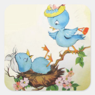 Antike Cartoon-Vögel in einem Nest Quadratischer Aufkleber