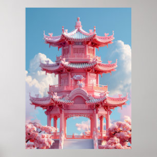 Antike chinesische Architektur Kawaii Cartoon Post Poster