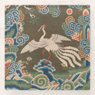 Antike chinesische weiße Vogel-Seidenstickerei-Dru Glasuntersetzer