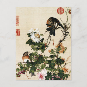 Antike Chinoiserie Chrysanthemen & Vögel Kunst Postkarte