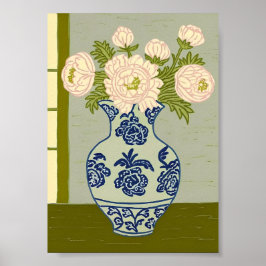 Antike Chinoiserie-Pfingstrosen in Blue Willow Poster