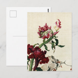 Antike Chinoiserie Rote Hahnenkamm-Blumen-Kunst Postkarte