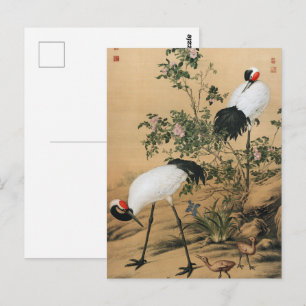 Antike Chinoiserie Rotkronenkraniche und Rosen Postkarte