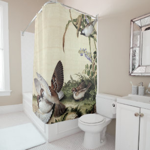 Antike Chinoiserie Spatzen und violette Blumen Duschvorhang