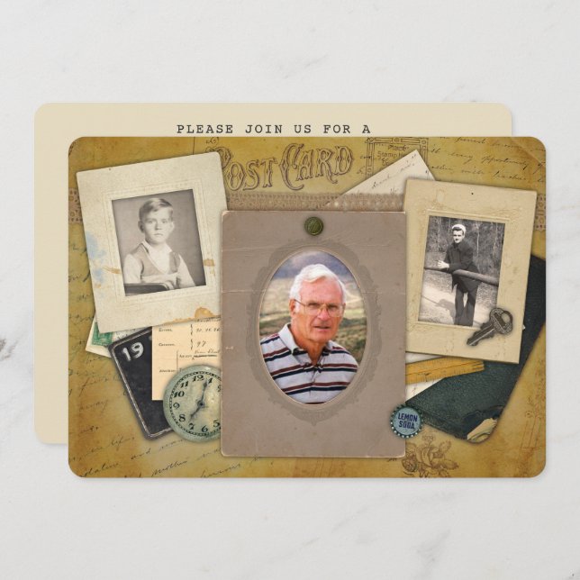 Antike Collage | Maskuline 3 Foto Jahr Einladung (Vorne/Hinten)