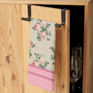 Antike Cottage-Rosen und rosa Punkte Geschirrtuch