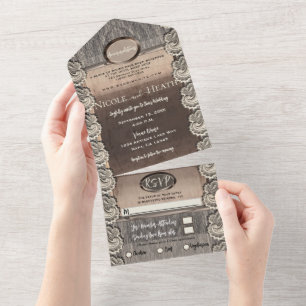 Antike Cream Spitze Grau Holz und Kupfer Hochzeit All In One Einladung