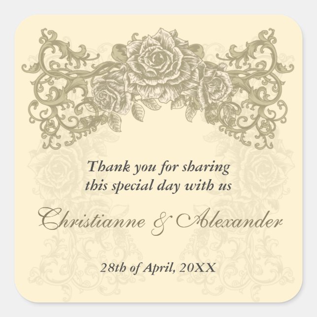 Antike Creme-Rose Hochzeitsticker Quadratischer Aufkleber (Vorderseite)