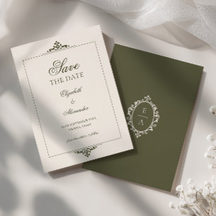 Antike Crest Olive-Grün Rahmen Hochzeit im Stil de Save The Date