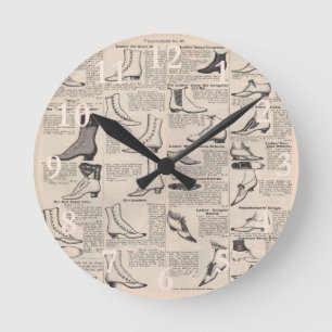 Antike Damenschuh-Katalogseite Vintage-Druck Runde Wanduhr