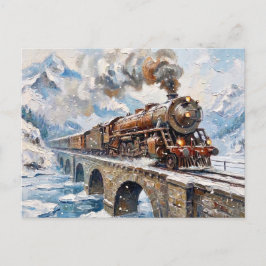 Antike Dampflokomotive Schneebedeckter Berg Ölbild Postkarte