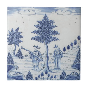 Antike Delft-Fliese - ländliche Szene - Blau und W Fliese