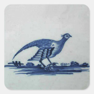 Antike Delfter Blaue Fliese - Moorhuhn im Gras Quadratischer Aufkleber