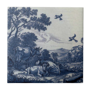 Antike Delfter Blaue Fliese - Rinder und Vögel
