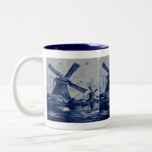 Antike Delfter Blaue Fliese - Windmühlen am Wasser Zweifarbige Tasse