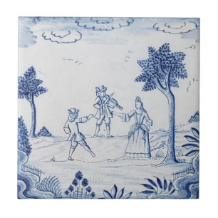 Antike Delfter Fliese - Pastorale Szene - Blau & W