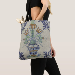 Antike Delfter Fliesen-Vase mit Tulpen: Blau und G