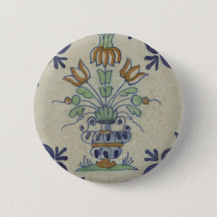 Antike Delfter Fliesen-Vase mit Tulpen: Blau und G Button