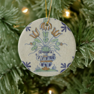 Antike Delfter Fliesen-Vase mit Tulpen: Blau und G Keramik Ornament