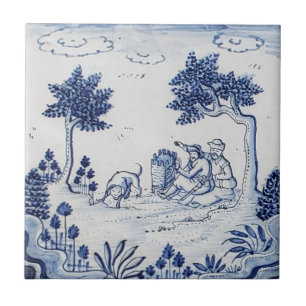 Antike Delfter Kachel - Pastorale Szene - Blau und