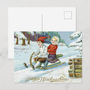 Antike deutsche Weihnachten Kinder Schlittenfahren Postkarte