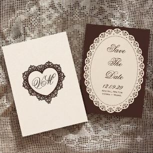 Antike dunkelbraune Creme-Spitzen-Oval-Doily-Hochz Save The Date