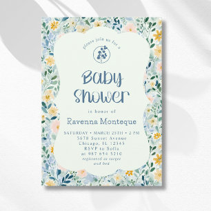 Antike Dusty Blue Blumenblüten Baby Shower Einladung