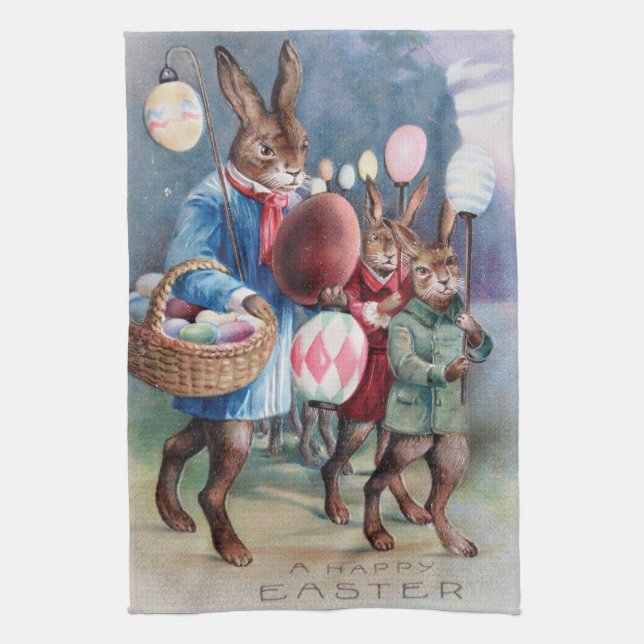 Antike Easter Bunny Parade Post Card Egg Lanterns Küchentuch (Vertikal)