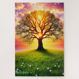 Antike Eiche auf grünem Hügel bei Sonnenuntergang Puzzle