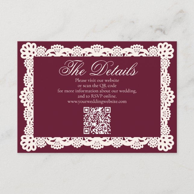 Antike Elegante Burgunder Spitze Hochzeits-Website Begleitkarte (Vorderseite)