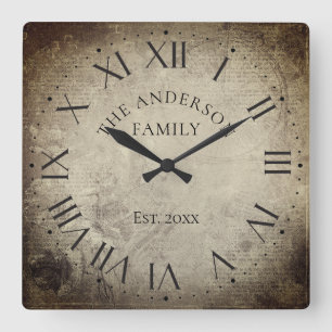 Antike Elegante Familienname Römische Zahl Rustika Quadratische Wanduhr