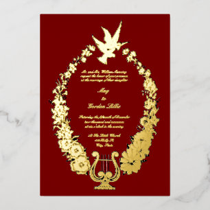 Antike elegante verzierte Tauben Blumen & Harfe Ra Folieneinladung