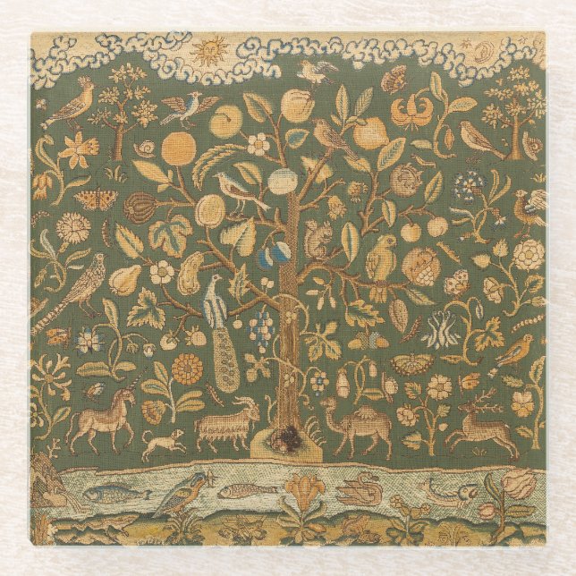 Antike englische Nadelspitze Baum des Lebens & Ein Glasuntersetzer (Vorderseite)