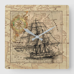 Antike Europakarte Schiff Segel Schifffahrt Marine Quadratische Wanduhr