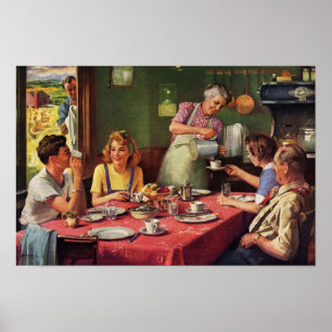 Antike Familie beim Frühstück in der Küche Poster