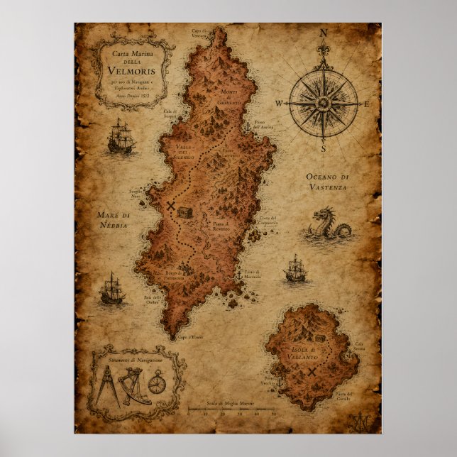 Antike Fantasy-Karte — Velmoris-Insel Poster (Vorne)