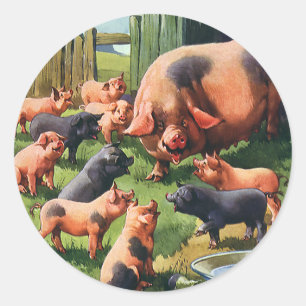 Antike Farmtiere, Schwein mit süßen Ferkeln Runder Aufkleber